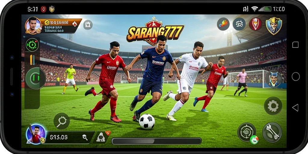 Screenshot gameplay SARANG777 yang menampilkan aksi sepak bola yang seru.